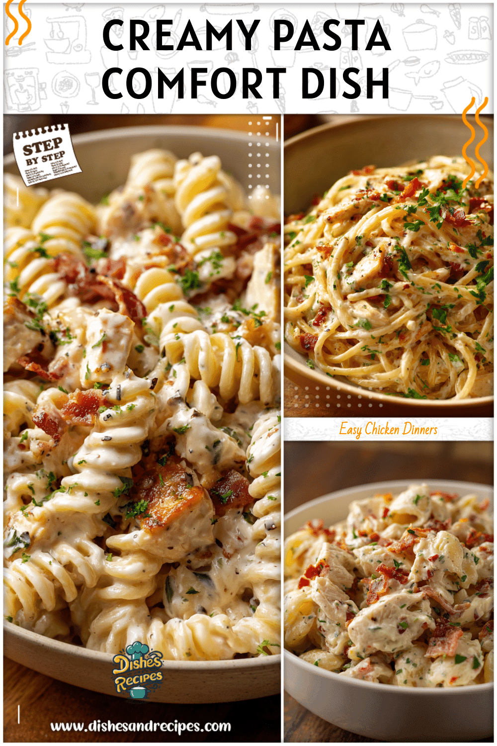 Bowl of creamy chicken bacon ranch pasta topped with herbs as a cozy main course idea.